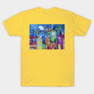 Black and White Cats on Colourful Roofs Moon Gazing T-Shirt